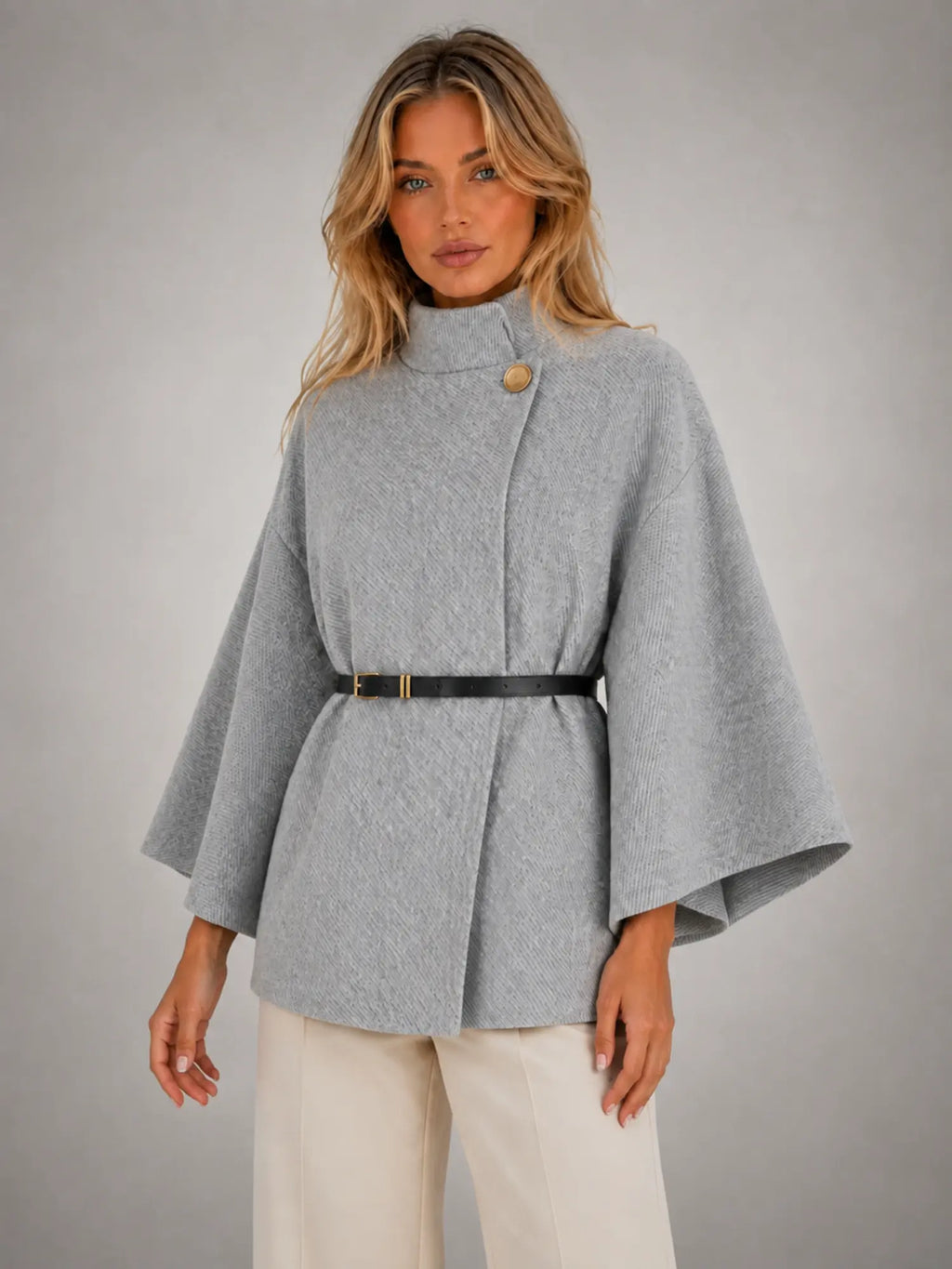 Women's Cape-Sleeve Sweater – Elegant Relaxed Knit in grey, hover view