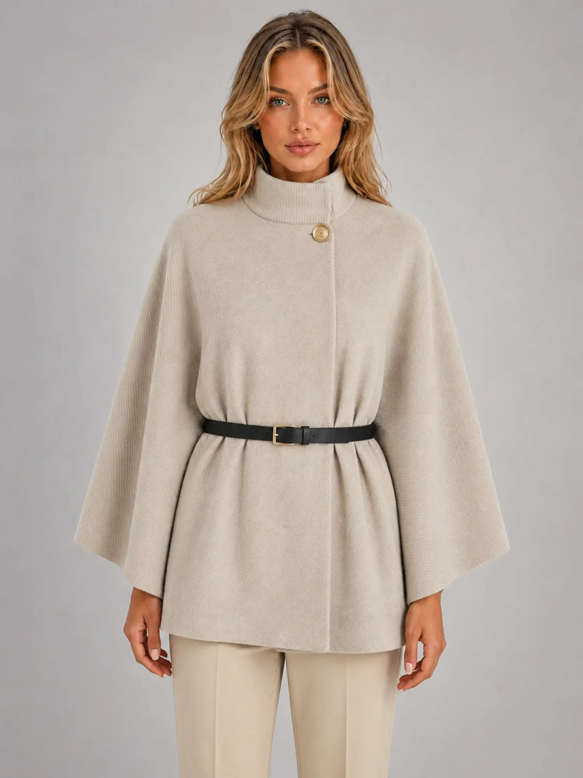 Women's Cape-Sleeve Sweater – Elegant Relaxed Knit in oatmeal, main view