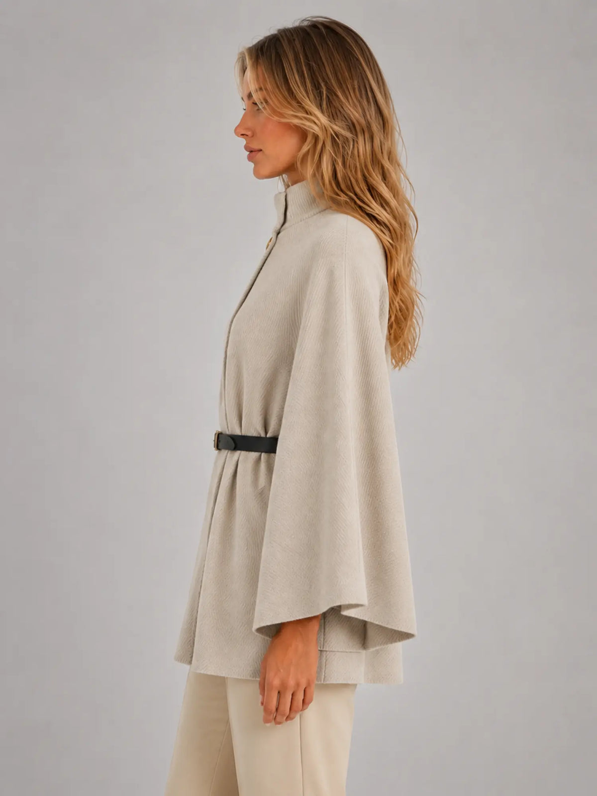 Women's Cape-Sleeve Sweater – Elegant Relaxed Knit in oatmeal, side view