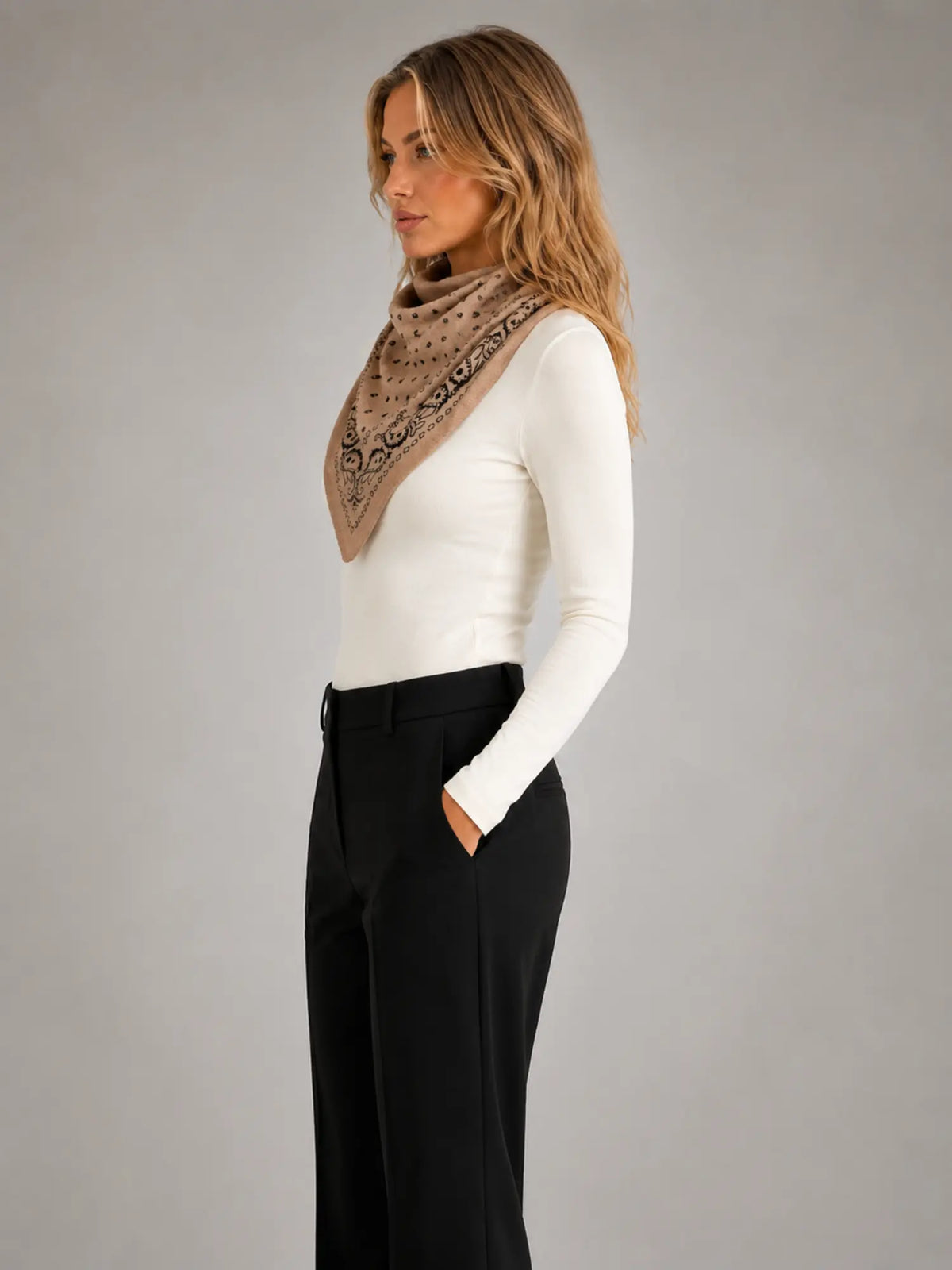 Women's Paisley Triangle Scarf – Lightweight Printed Accessory in khaki, side view