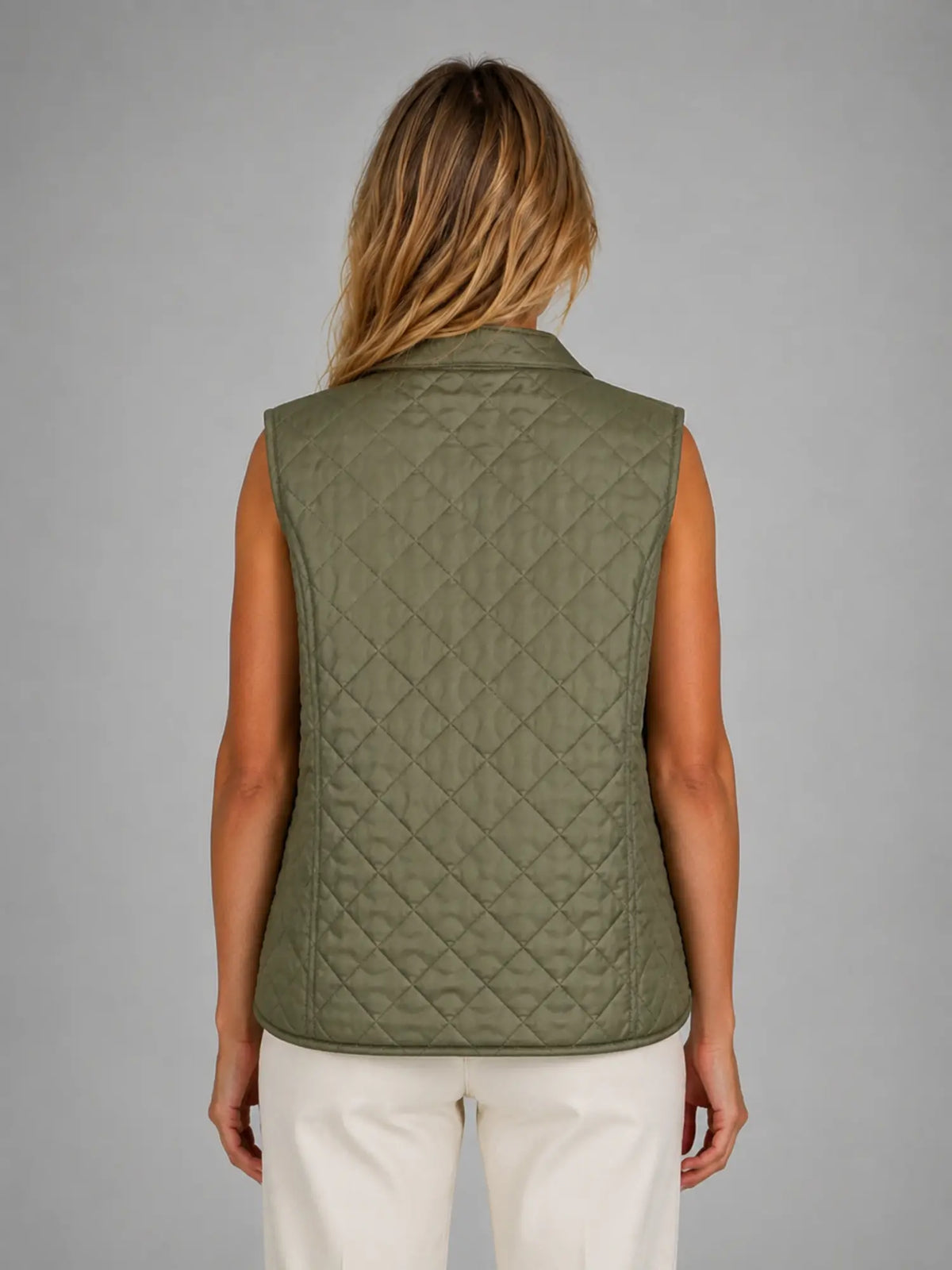 Women's Quilted Field Vest – Lightweight Layering Gilet in olive, back view