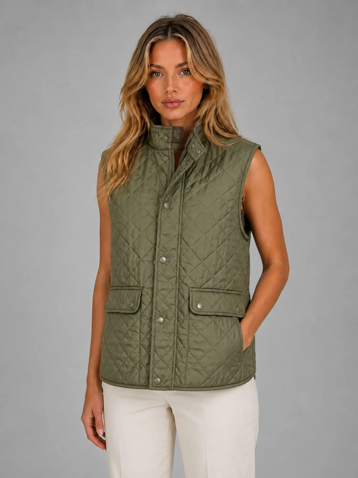 Women's Quilted Field Vest – Lightweight Layering Gilet in olive, hover view