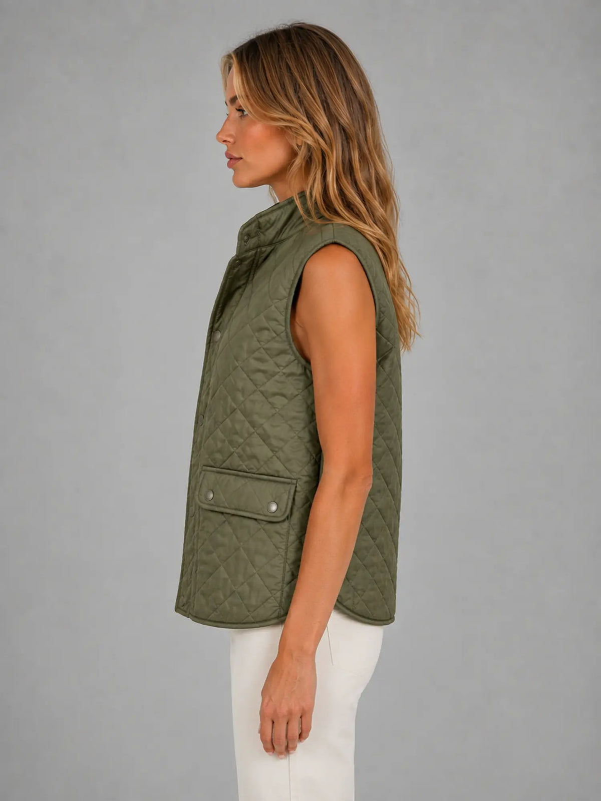 Women's Quilted Field Vest – Lightweight Layering Gilet in olive, side view