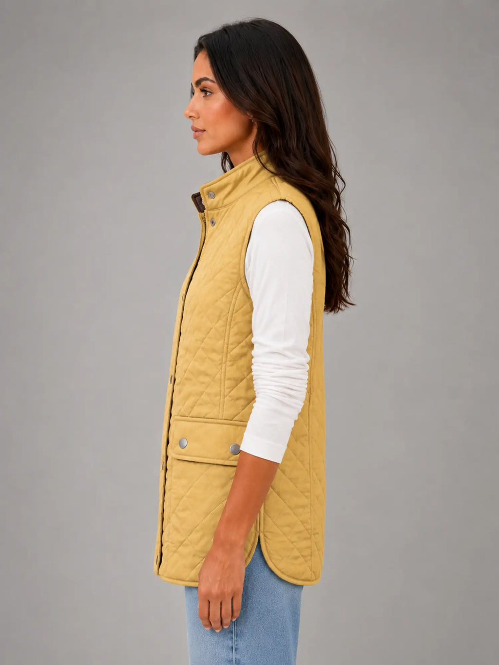 Women's Quilted Field Vest – Lightweight Layering Gilet in yellow, side view
