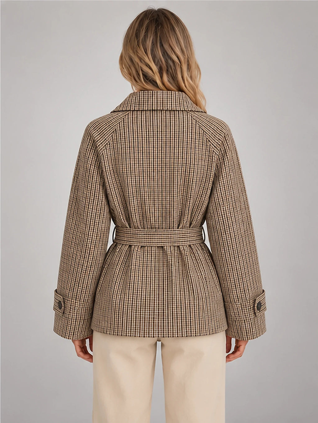 Women's Belted Plaid Jacket – Double-Breasted Fit in Taupe Plaid — back view