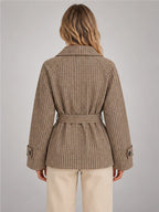 Women's Belted Plaid Jacket – Double-Breasted Fit in Taupe Plaid — back view