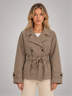 Women's Belted Plaid Jacket – Double-Breasted Fit in Taupe Plaid — front view