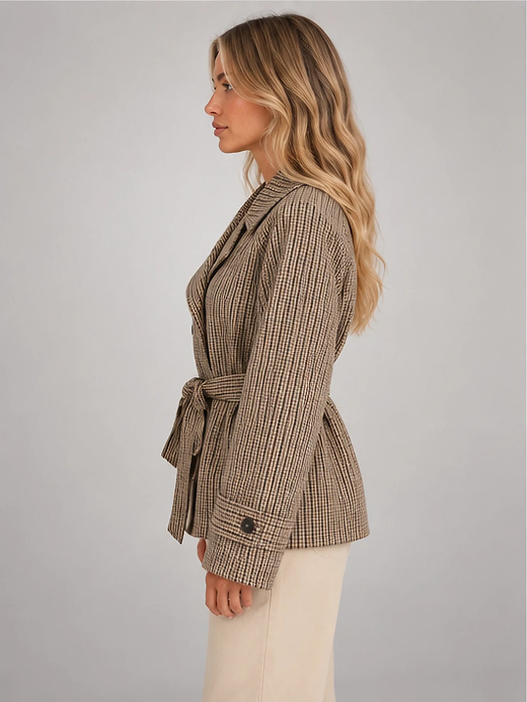 Women's Belted Plaid Jacket – Double-Breasted Fit in Taupe Plaid — side view