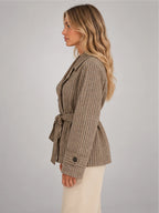 Women's Belted Plaid Jacket – Double-Breasted Fit in Taupe Plaid — side view