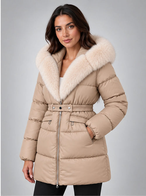 Women's Belted Puffer Jacket – Faux Fur Collar in Beige — alternate view