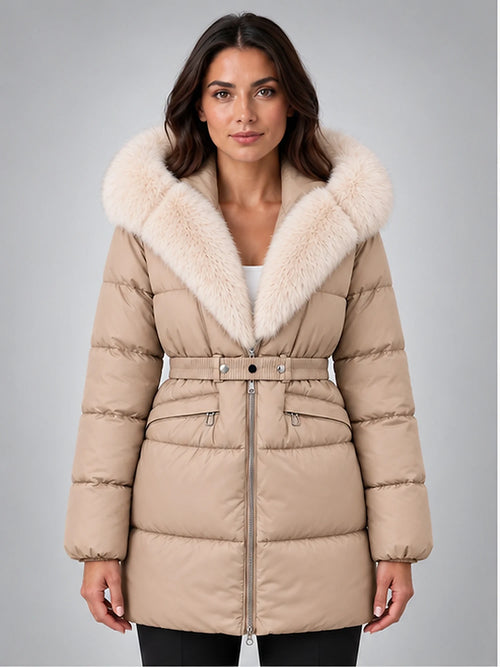 Women's Belted Puffer Jacket – Faux Fur Collar in Beige — front view