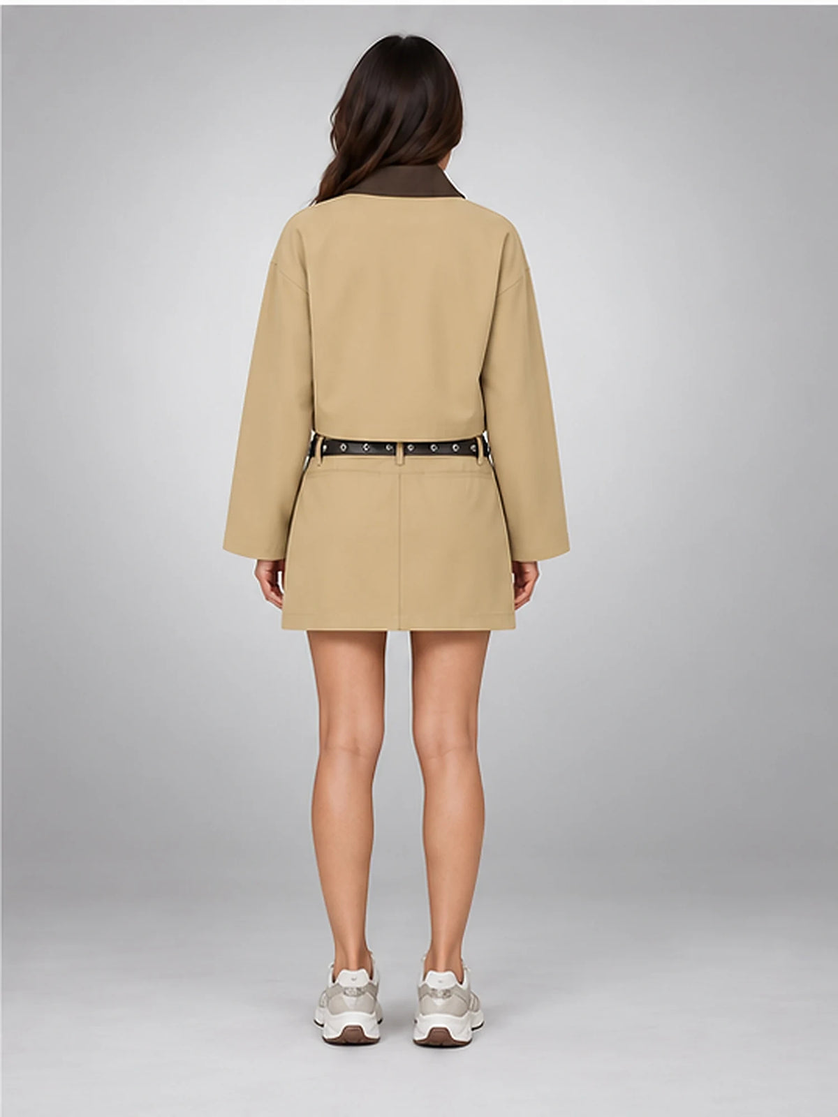 Women's Belted Skirt Suit – Single-Breasted Jacket in Khaki — back view
