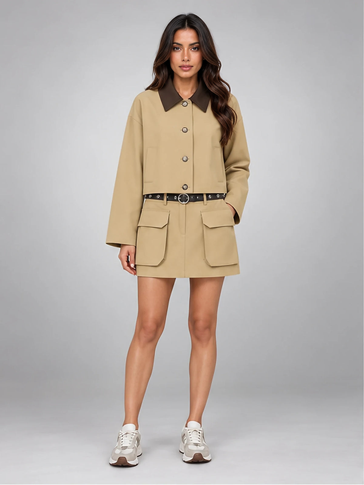 Women's Belted Skirt Suit – Single-Breasted Jacket in Khaki — front view