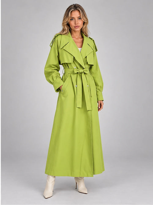 Women's Belted Trench Coat – Longline Statement in Lime Green — alternate view