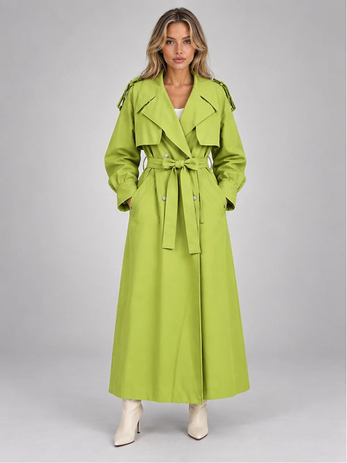 Women's Belted Trench Coat – Longline Statement in Lime Green — front view