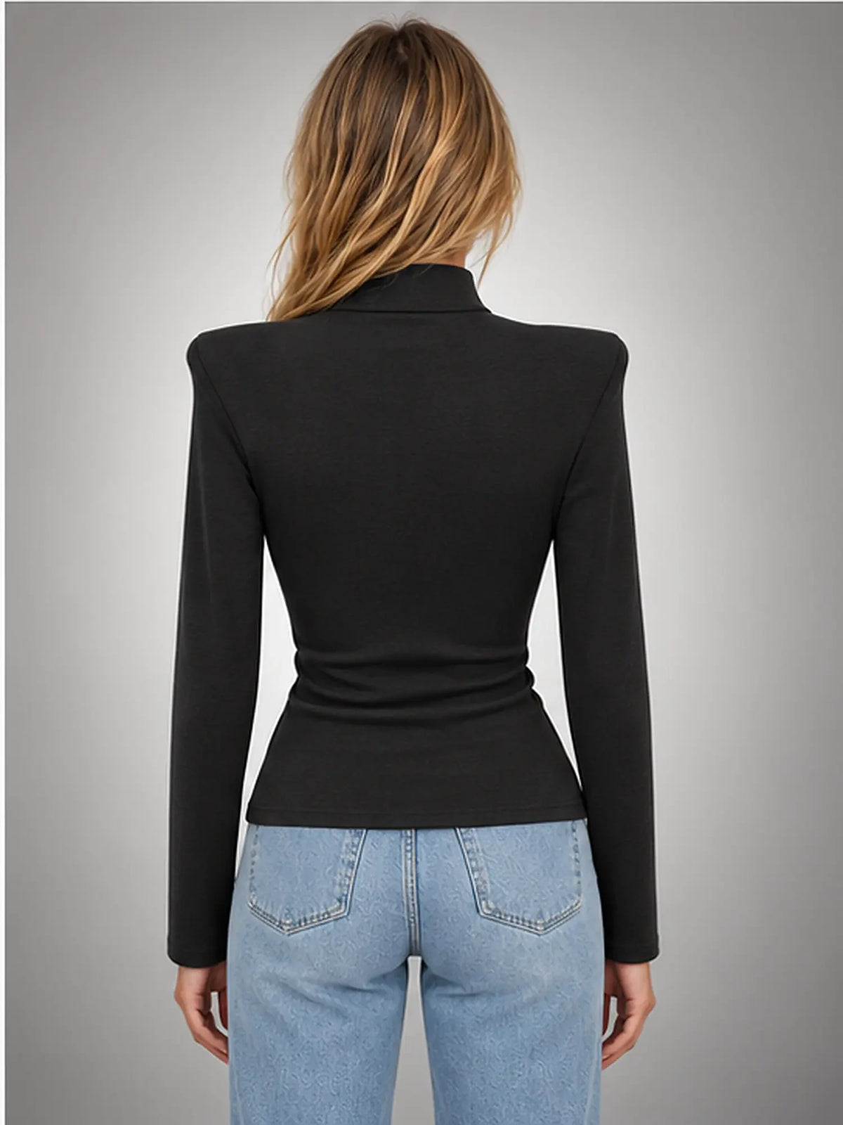 Women's Button-Neck Top – Structured Shoulder in Black — back view
