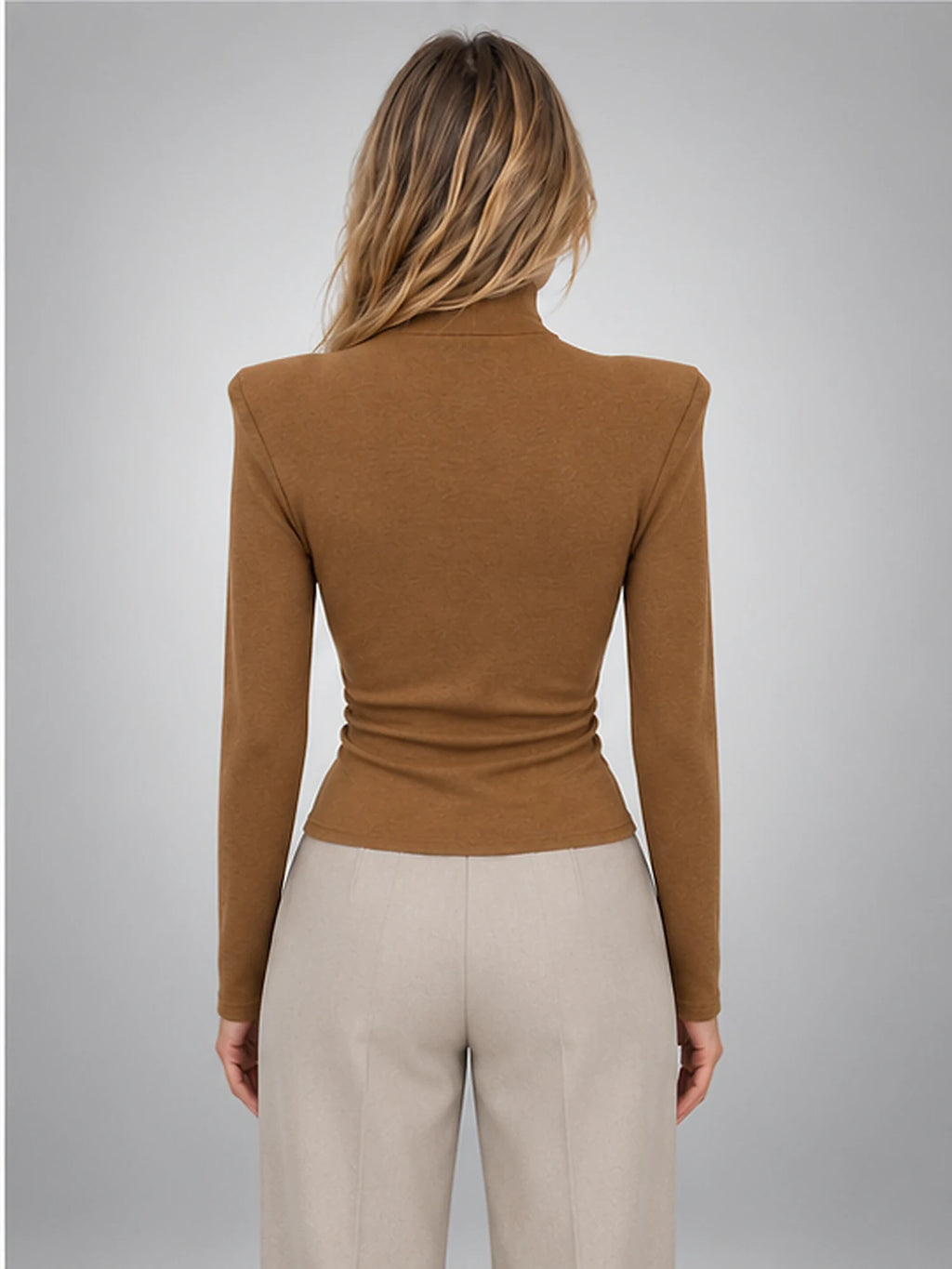 Women's Button-Neck Top – Structured Shoulder in Caramel — back view