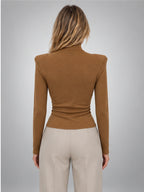 Women's Button-Neck Top – Structured Shoulder in Caramel — back view