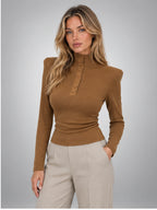 Women's Button-Neck Top – Structured Shoulder in Caramel — alternate view