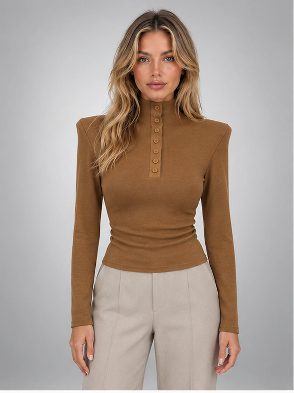 Women's Button-Neck Top – Structured Shoulder in Caramel — front view