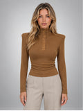 Women's Button-Neck Top – Structured Shoulder in Caramel — front view