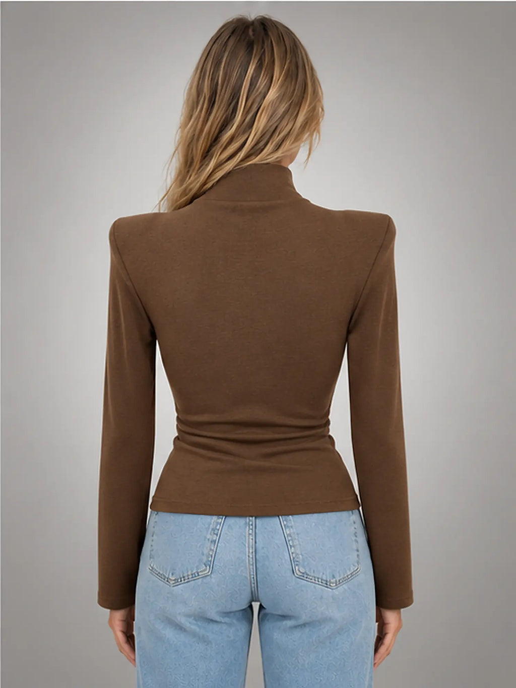 Women's Button-Neck Top – Structured Shoulder in Coffee — back view