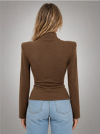 Women's Button-Neck Top – Structured Shoulder in Coffee — back view