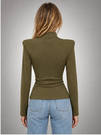 Women's Button-Neck Top – Structured Shoulder in Green — back view