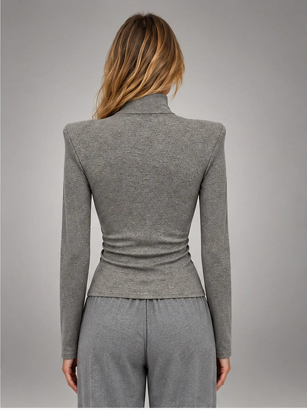 Women's Button-Neck Top – Structured Shoulder in Grey — back view