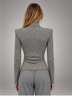 Women's Button-Neck Top – Structured Shoulder in Grey — back view
