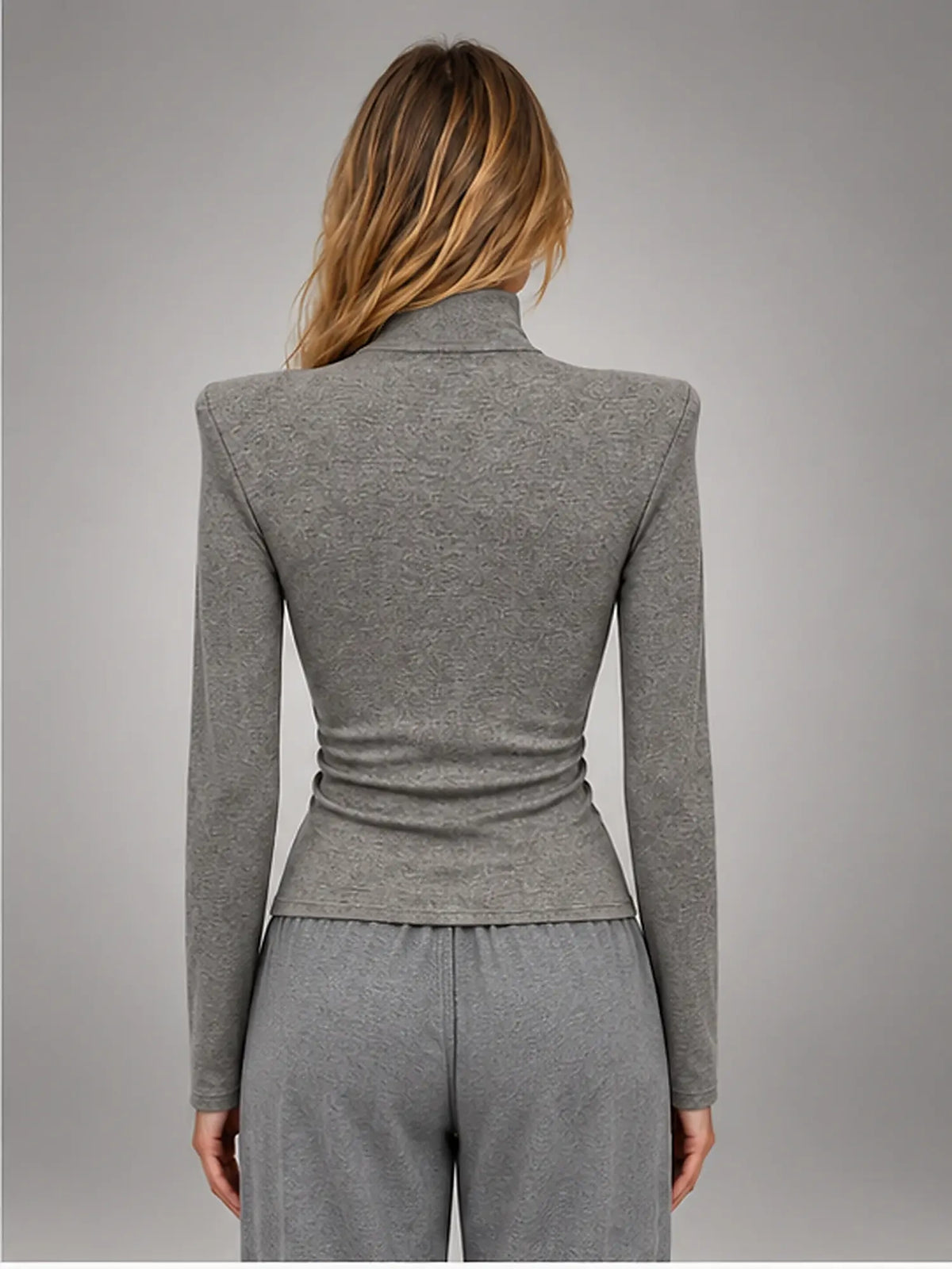 Women's Button-Neck Top – Structured Shoulder in Grey — back view