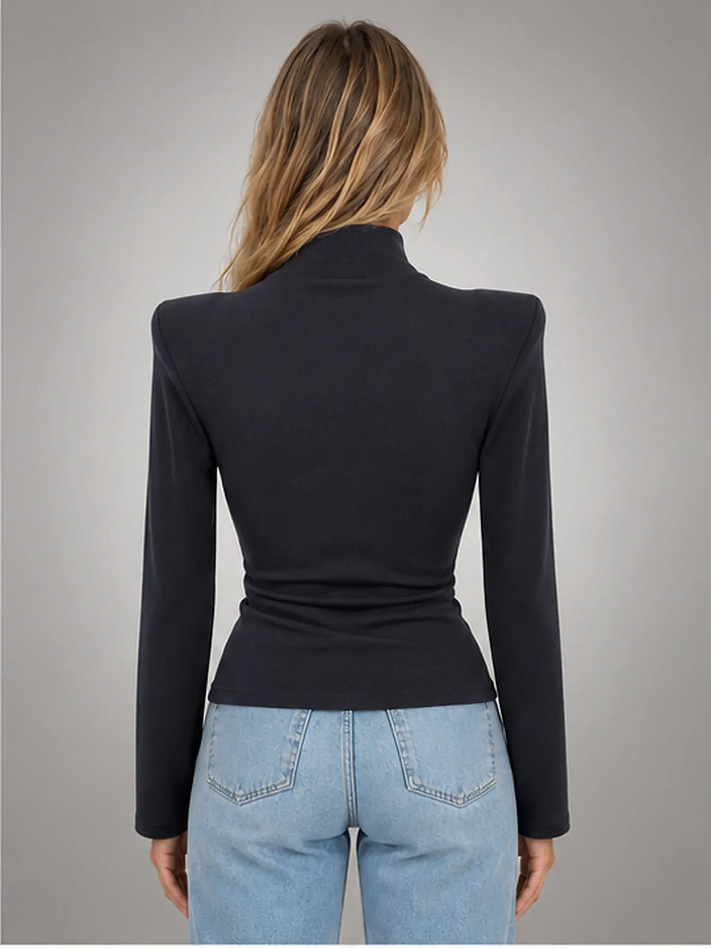 Women's Button-Neck Top – Structured Shoulder in Navy — back view
