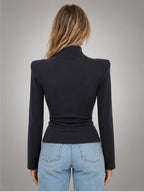 Women's Button-Neck Top – Structured Shoulder in Navy — back view