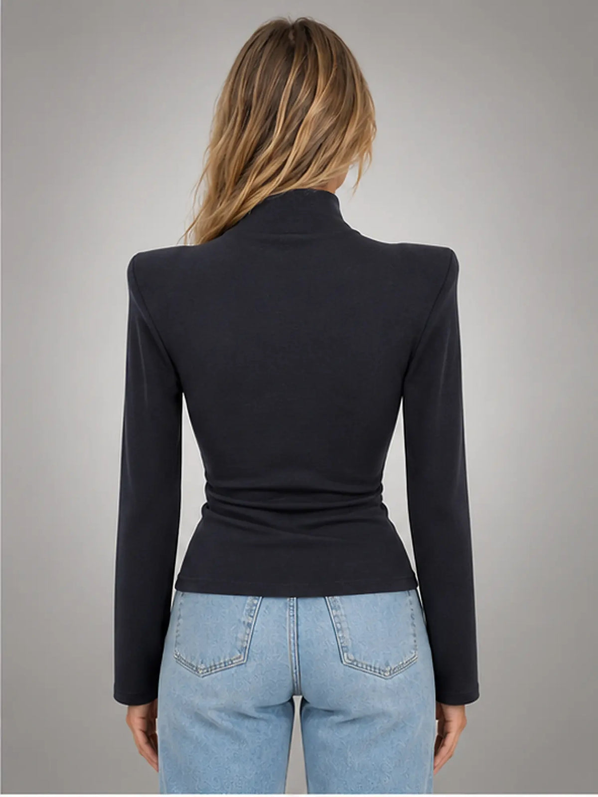 Women's Button-Neck Top – Structured Shoulder in Navy — back view