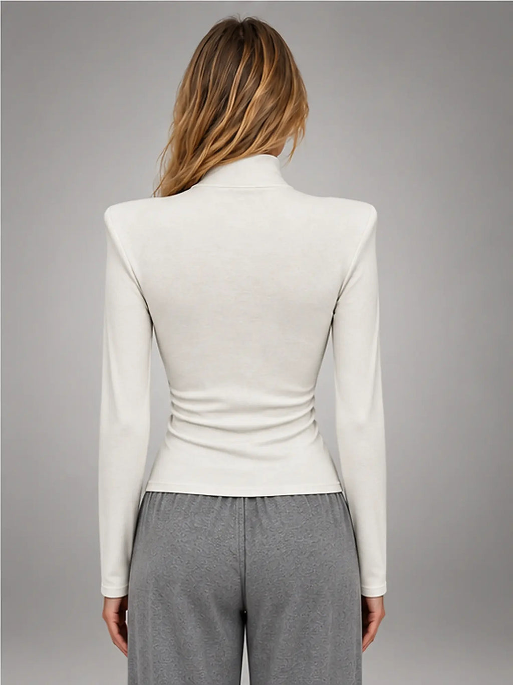 Women's Button-Neck Top – Structured Shoulder in White — back view