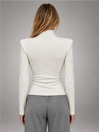 Women's Button-Neck Top – Structured Shoulder in White — back view