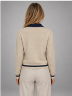 Women's Colour-Block Polo Sweater – Slim Fit in Khaki/Navy — back view