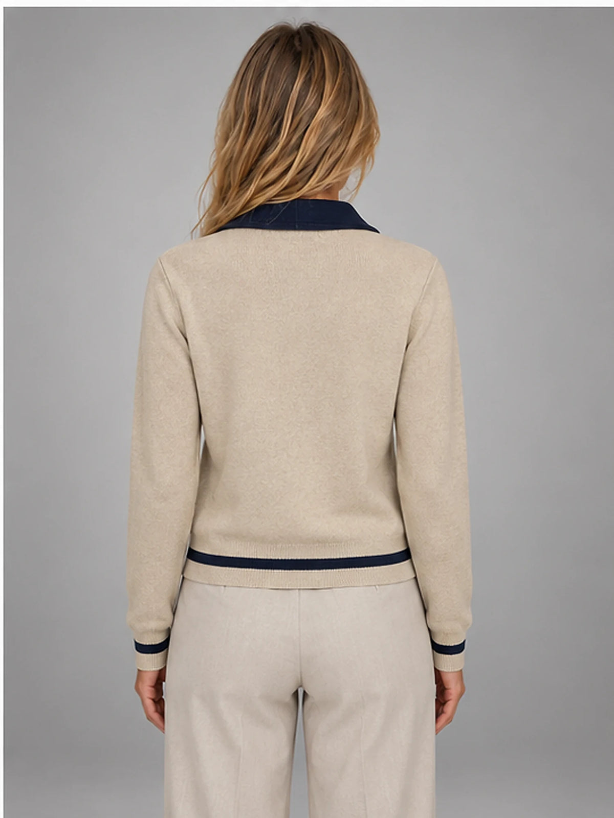 Women's Colour-Block Polo Sweater – Slim Fit in Khaki/Navy — back view