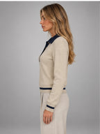 Women's Colour-Block Polo Sweater – Slim Fit in Khaki/Navy — side view
