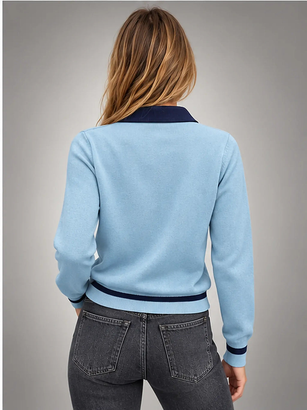 Women's Colour-Block Polo Sweater – Slim Fit in Sky Blue/Navy — back view