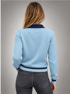 Women's Colour-Block Polo Sweater – Slim Fit in Sky Blue/Navy — back view