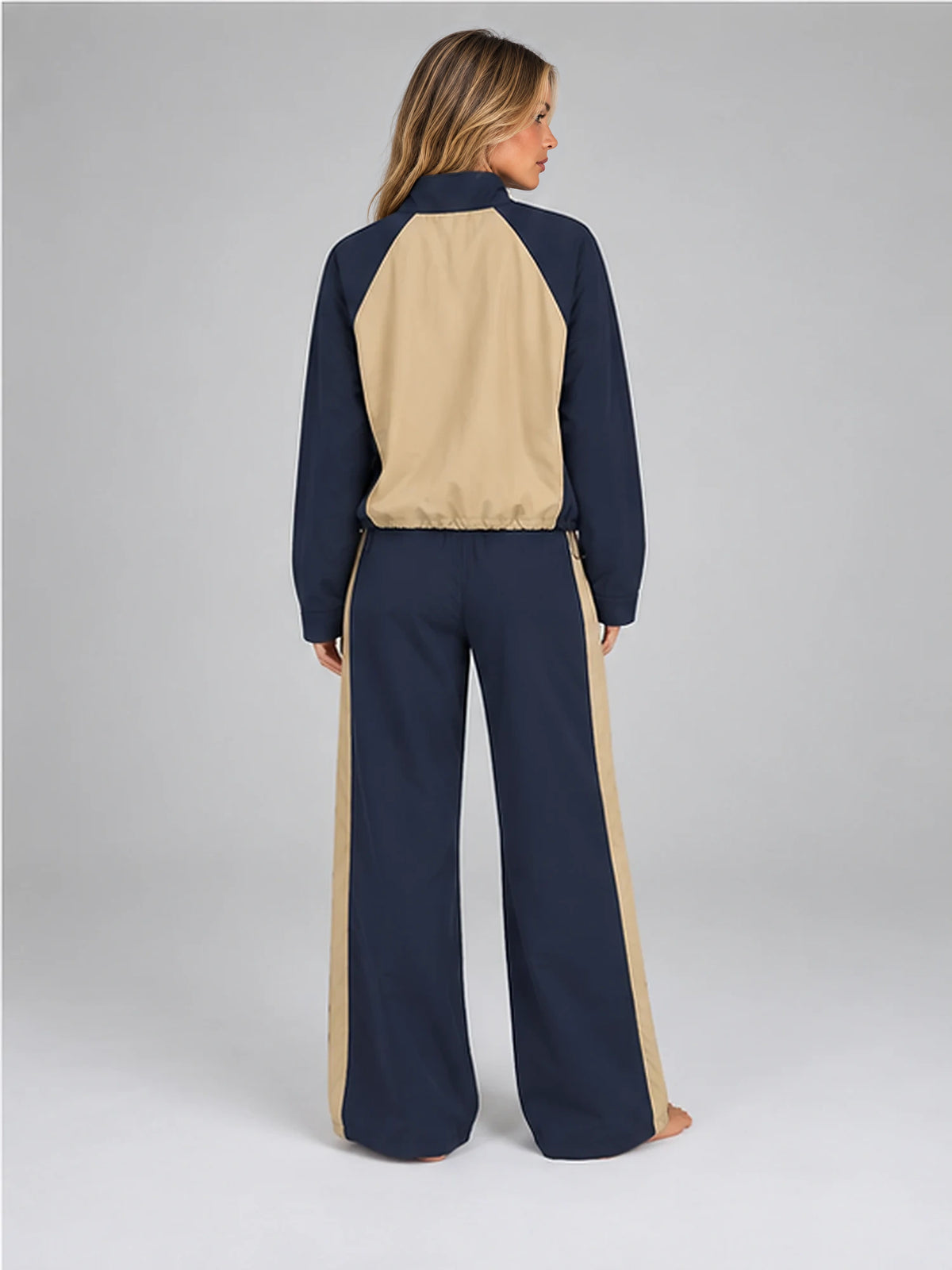 Women's Colour-Block Tracksuit – Jacket and Wide-Leg Trousers in Navy/Beige — back view
