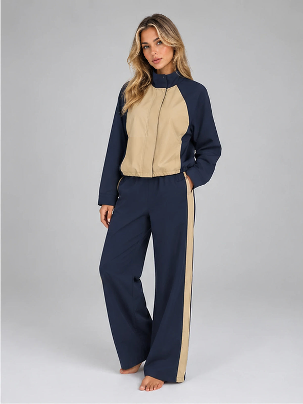 Women's Colour-Block Tracksuit – Jacket and Wide-Leg Trousers in Navy/Beige — alternate view