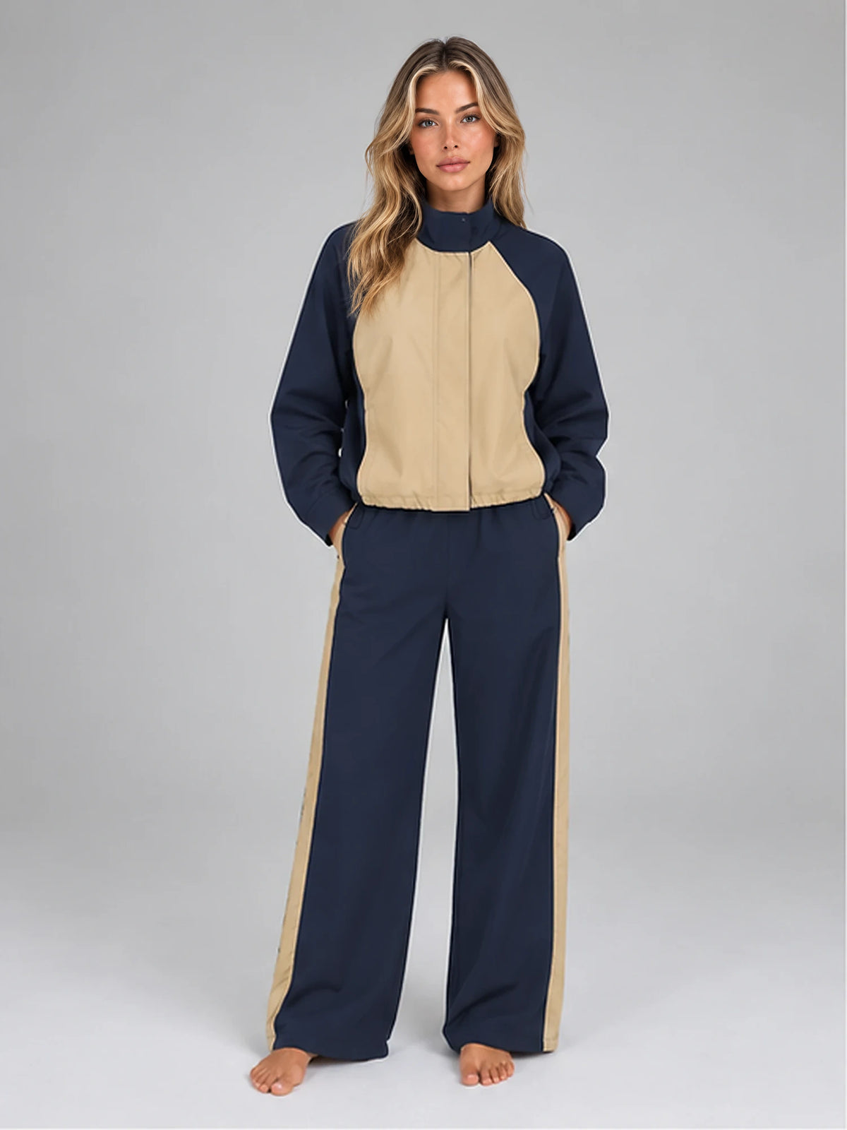 Women's Colour-Block Tracksuit – Jacket and Wide-Leg Trousers in Navy/Beige — front view