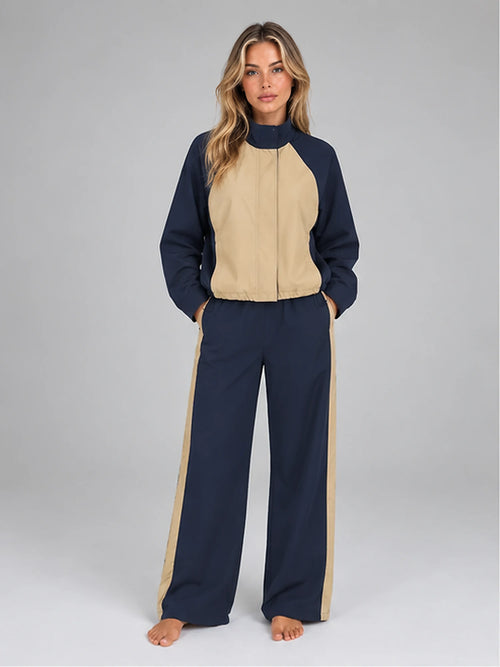 Women's Colour-Block Tracksuit – Jacket and Wide-Leg Trousers in Navy/Beige — front view