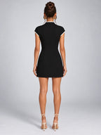 Women's Contrast-Trim Mini Dress – Keyhole Neck in Black — back view