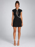 Women's Contrast-Trim Mini Dress – Keyhole Neck in Black — front view