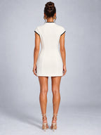 Women's Contrast-Trim Mini Dress – Keyhole Neck in Ivory — back view