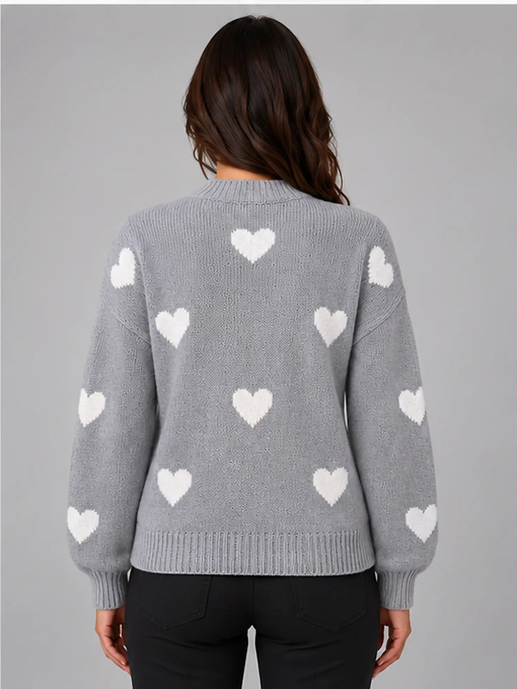 Women's Crewneck Sweater – Heart Print Knit in Grey/Ivory — back view