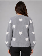Women's Crewneck Sweater – Heart Print Knit in Grey/Ivory — back view